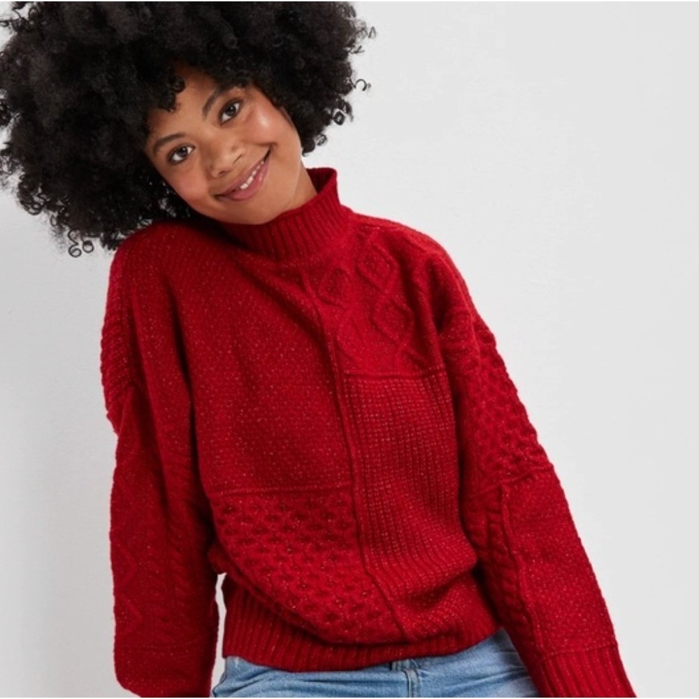 American Eagle Red Patchwork Cable‎ Knit Mock Neck Sweater NWT Womens XS